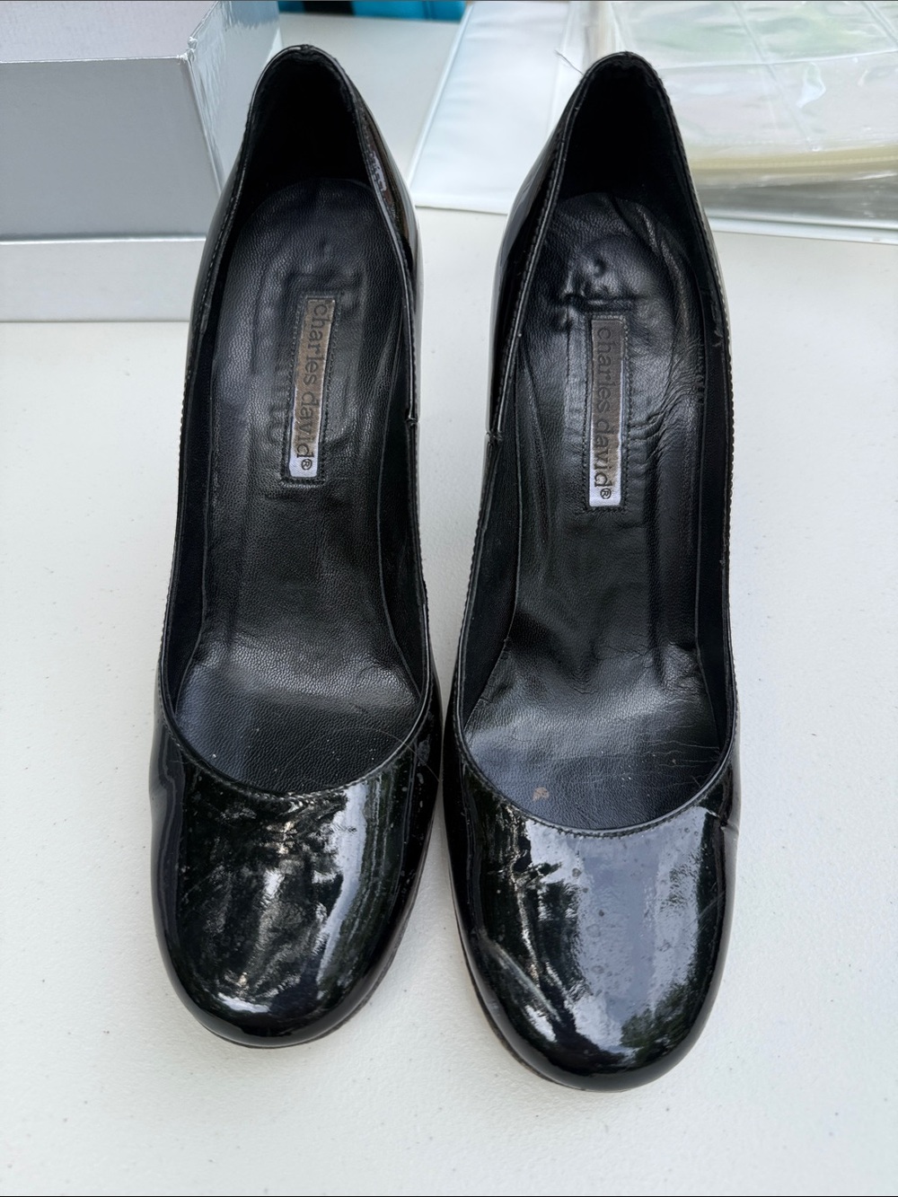 Charles David Black Patent Round-Toe Pumps